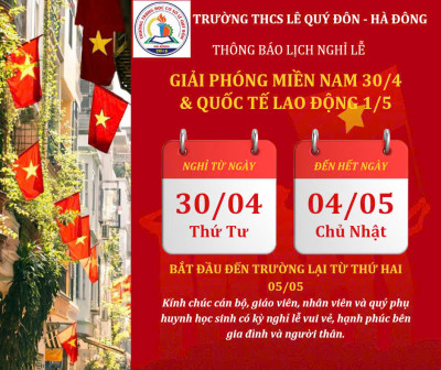 THÔNG BÁO NGHỈ LỄ 30/04 VÀ 01/05