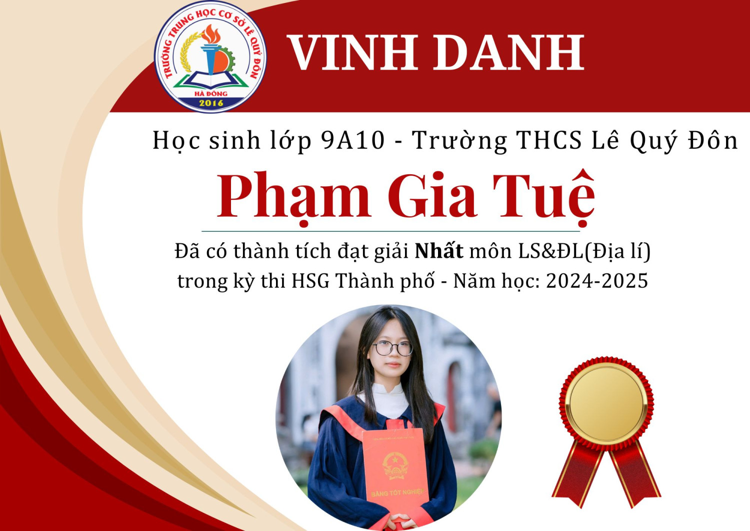 KẾT QUẢ THI HỌC SINH GIỎI CÁC MÔN VĂN HÓA CẤP THÀNH PHỐ CỦA HỌC SINH LỚP 9 NĂM HỌC 2024-2025